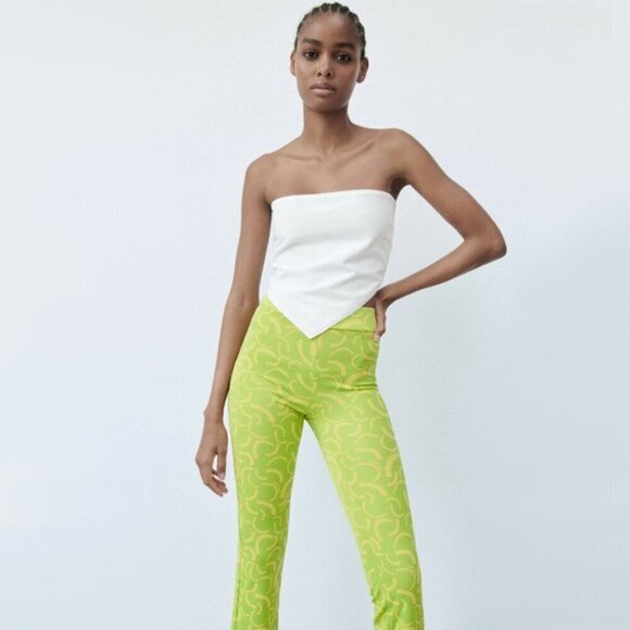 NWT Zara lime green & yellow jacquard high rise flared leggings, S - Picture 2 of 10